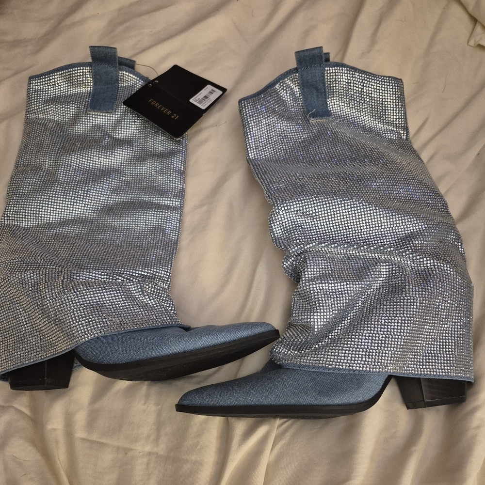 Forever 21 Silver and Blue Heeled Boots